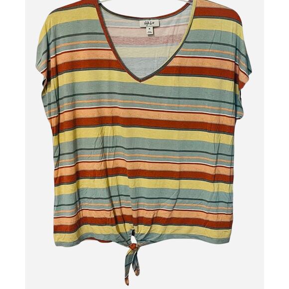 STYLE & CO. CAP SLEEVE PULL-OVER V-NECK BLOUSE, XL, GREEN PEACH ORG YELL STRIPES - Picture 1 of 11